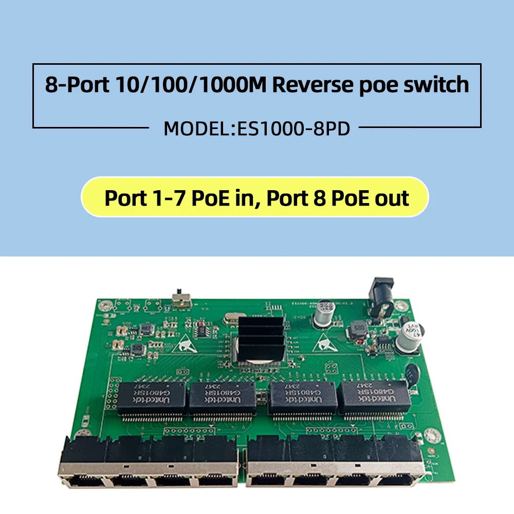 8-Port 10/100/1000M Ethernet unmanaged Reverse Poe Switch 24v Reverse Ethernet Switch of Pcba Board