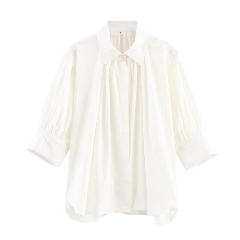 Modisches, lockeres, schlankmachendes, plissiertes Hemdoberteil mit Puffärmeln für Damen