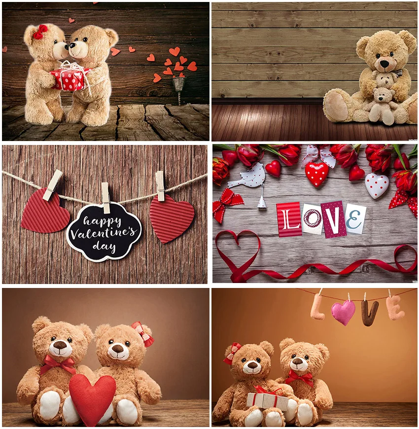 Happy Valentine' s Day Wooden Boards Love Heart Teddy Bear Backdrops Photographic Birthday Baby Shower Decor Backgrounds Props