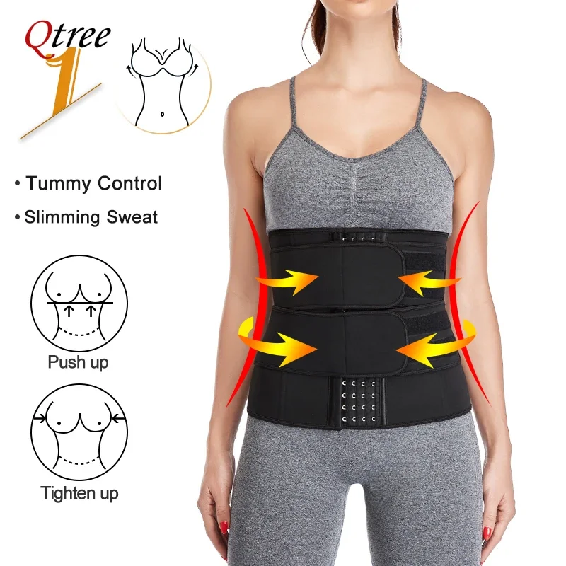 Qtree mulheres cintura trainer sauna suor cincher treino trimmer cinto perda de peso corpo shaper compressão emagrecimento espartilho