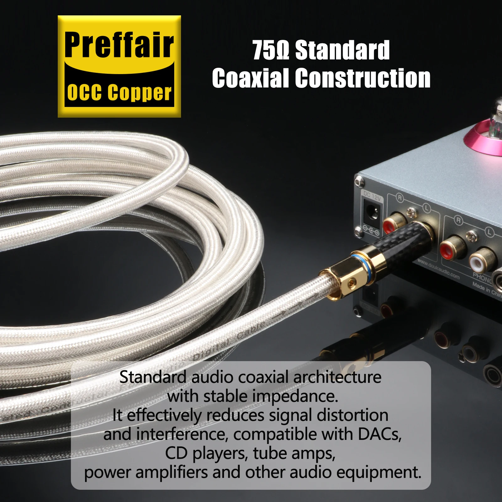 Preffair OCC Silver Plated 75Ω Digital Coaxial RCA Cable Carbon Fiber Self-Locking 24K Gold Plated Plug HiFi SPDIF Audio Wire