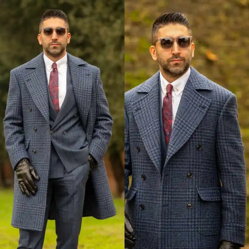 British Style Men Long Coat For Business Plaid Double Breasted Metal Button Casual Overcoat Customized One Piece