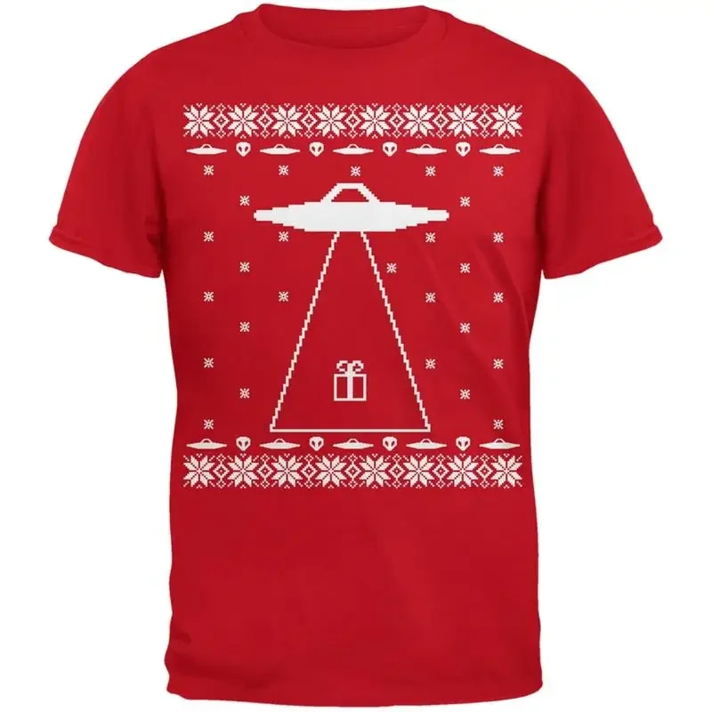 Alien Abduction Ugly Christmas Sweater Red Adult T Shirt