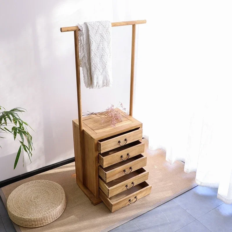 Solid wood new Chinese hanger floor-to-ceiling bedroom hanger with drawers for home use