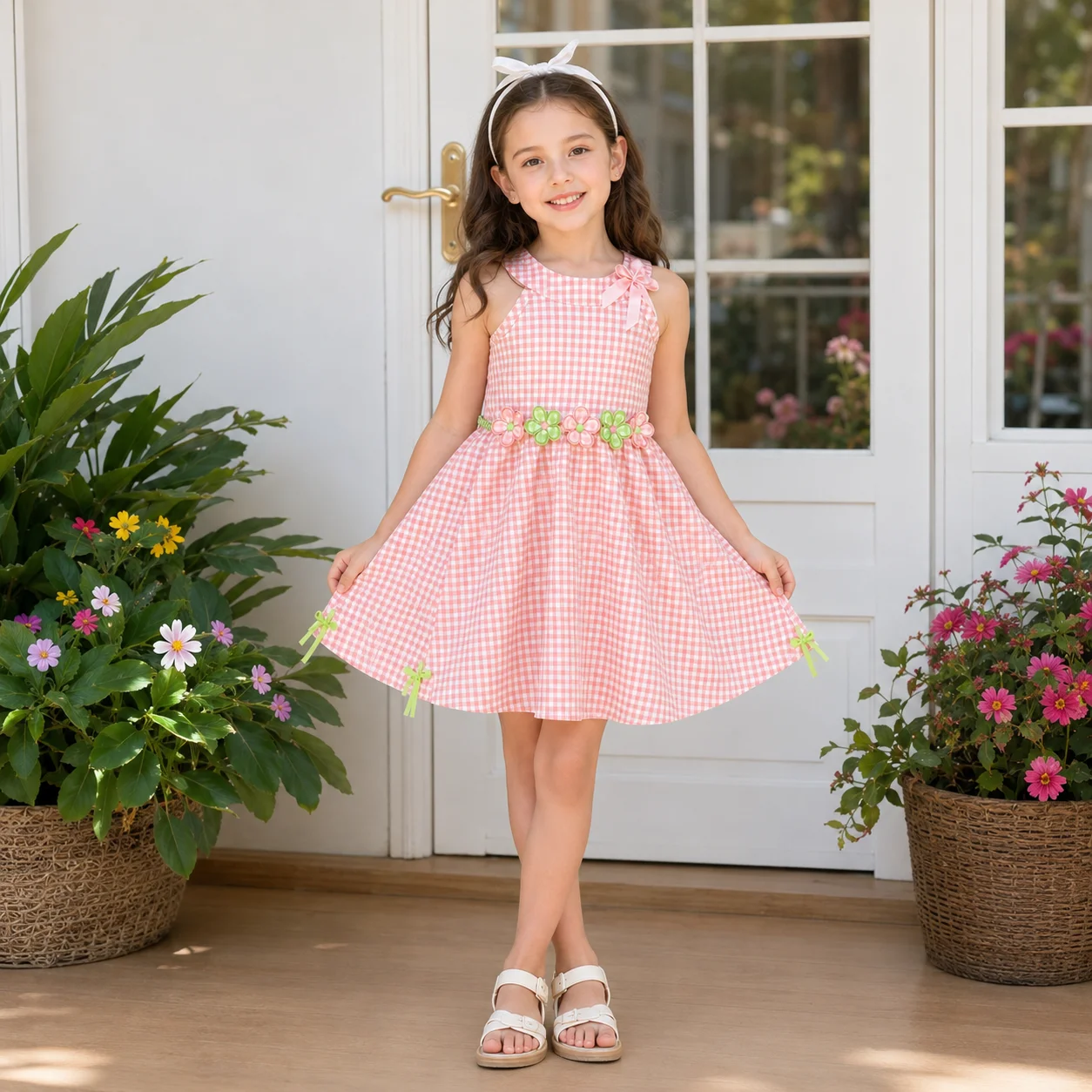Girls' pink plaid sleeveless dress, three-dimensional flower belt with bow embellishment, waist-cinched A-line skirt, light and