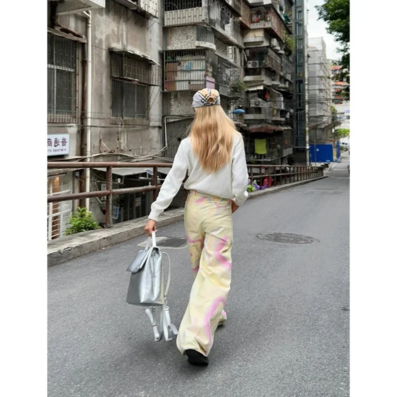 Gelbe Jeans Frauen drucken hohe Taille harajukuwide Bein Hosen y2k Stil Mode Streetwear weibliche Hosen Herbst gerade Hose