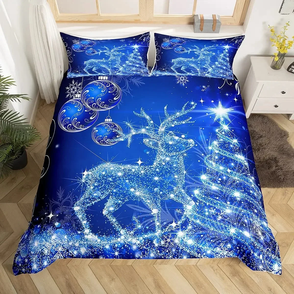 

Christmas Tree Duvet Cover Set Blue Xmas Comforter Cover Girly Glitter Elk Bedding Sets Winter Snowflakes Duvet Cover Full Size