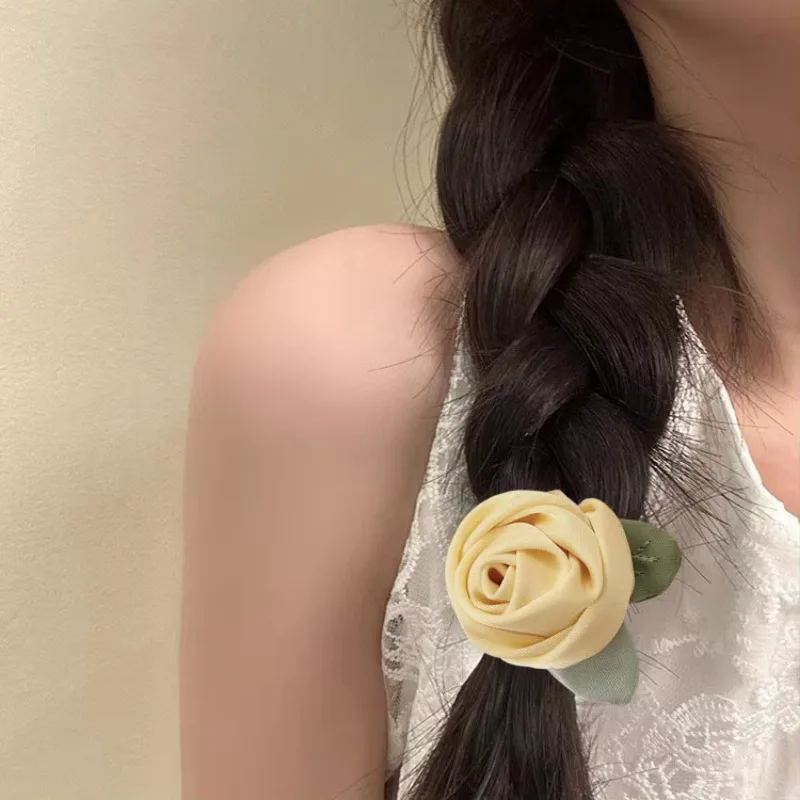 Korean Yellow Rose Story Flower Hair Rope Headband Premium Gentle Sweet Camellia Hair Rope Rubber Band Headgear
