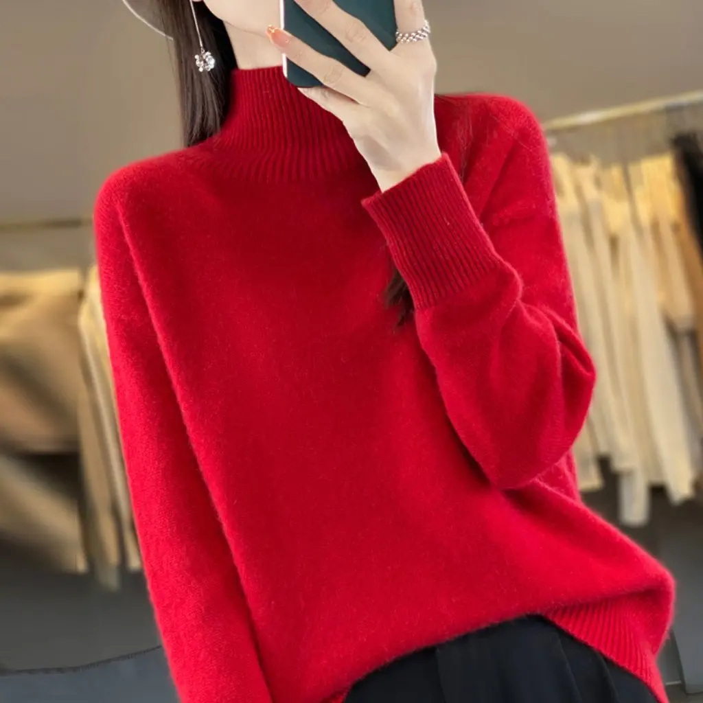 

Women's Turtleneck Sweater 100% Wool Thickened Loose Fit Soft And Comfortable All-Match Knitted Bottoming Shirt by Wang Fei