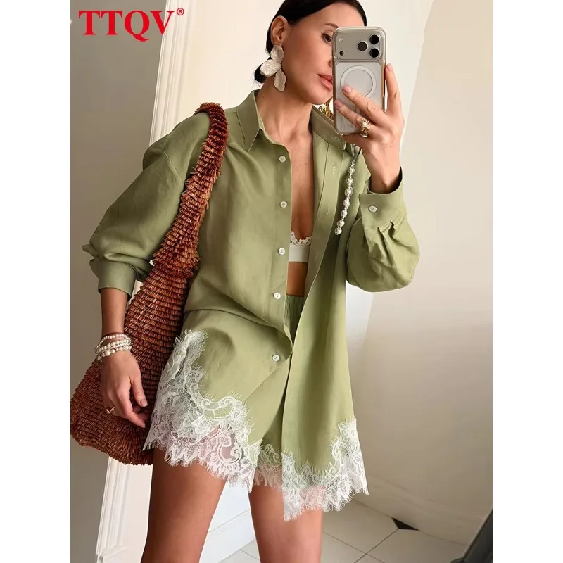 Elara European and American Summer New Seaside Vacation Style Shirt Paired with High Waisted Lace Shorts 2-piece Set for Women