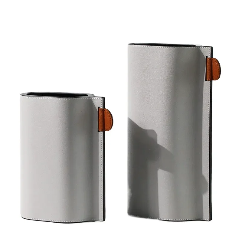 Simple Modern Light Luxury Gray Leather Metal Flower Vase Art Flower Arrangement for Hotel Living Room Model Room Sales