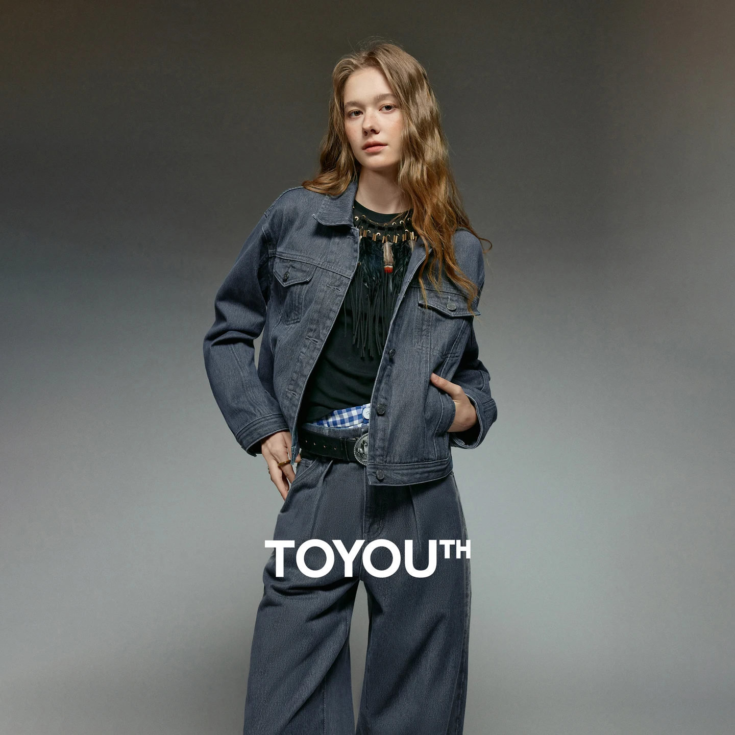 TOYOUTH Women Tops 2025 Winter New Short-Style Loose Gray Workwear Denim Jacket​