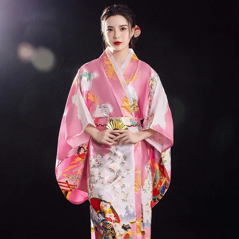 Japanese Traditional Kimono Gown With Obi Sakura Printed Satin Pajamas Geisha Haori Kimono Gown Dress Cosplay Costume Bathrobe