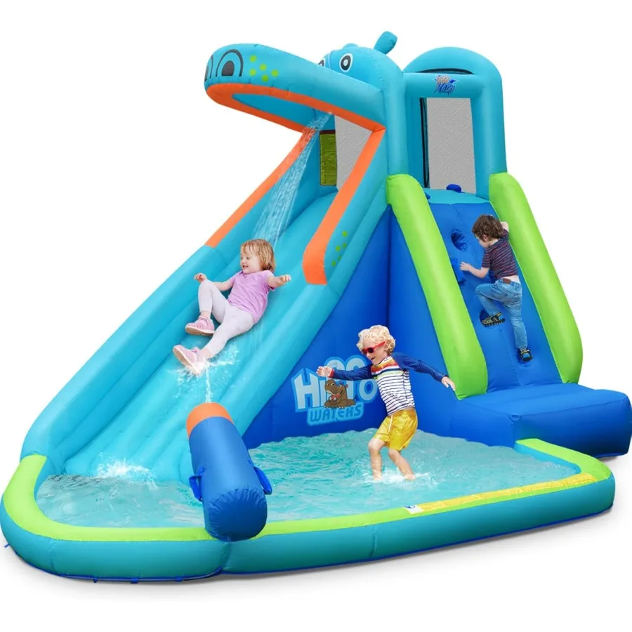 Opblaasbare waterglijbaan, Hippo Water Slide Park Jump Castle Bounce House met lange glijbaan, klimmen, waterkanon, splashpool, achterkant
