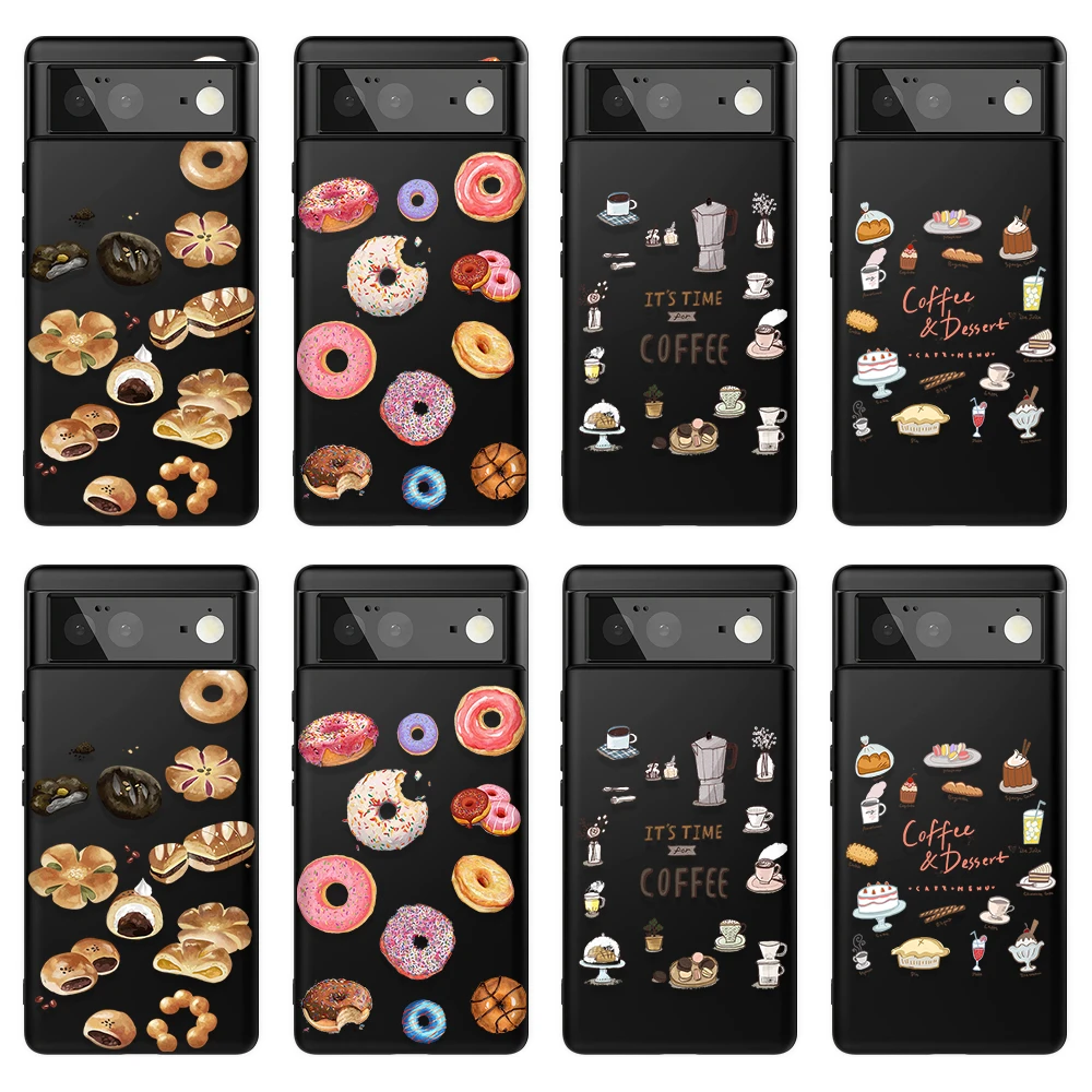 Donut Coffee Case for Google Pixel 8 Pro 7a 7Pro 7 6a 6 6Pro 5 5a 5G 4 2 3 3a 4a XL Black Soft Silicone Back Shell Cover Carcasa