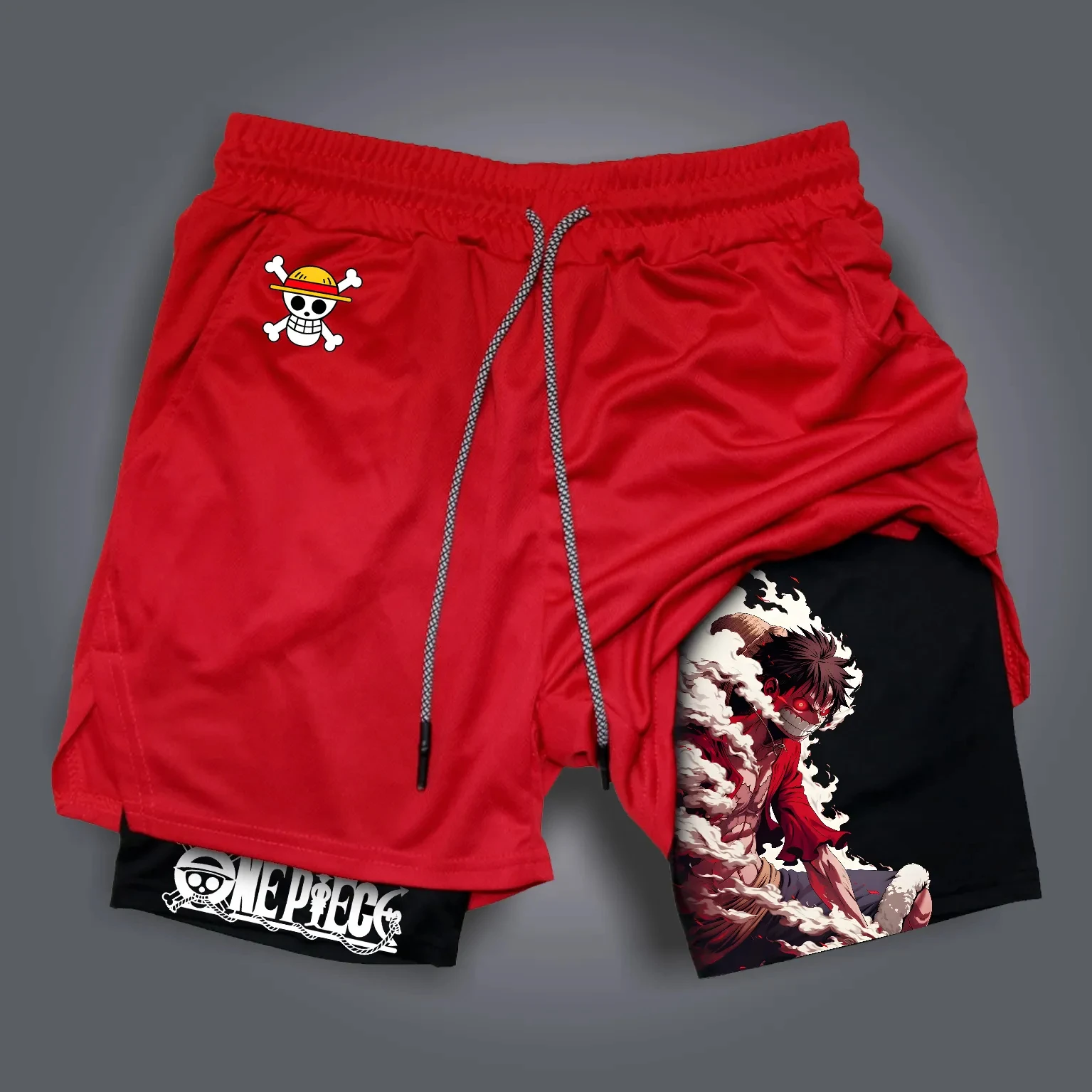 Uma peça anime luffy sauron periférico impresso shorts duplos masculino 2025 verão americano solto esportes calças respiráveis