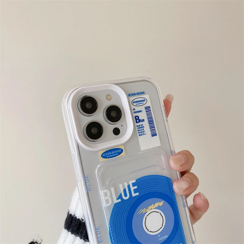 INS Korean Cute Cartoon Blue CD Card Bag Phone Case For iPhone 15 ProMax 11 12 13 14 Pro Max X 7 8 Shockproof Soft Back Cover