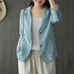 New Women Blazers Cotton Linen Spring Summer Solid Color Button Pocket Fashion Casual Female Jacket Office Ladies Coat M-2XL