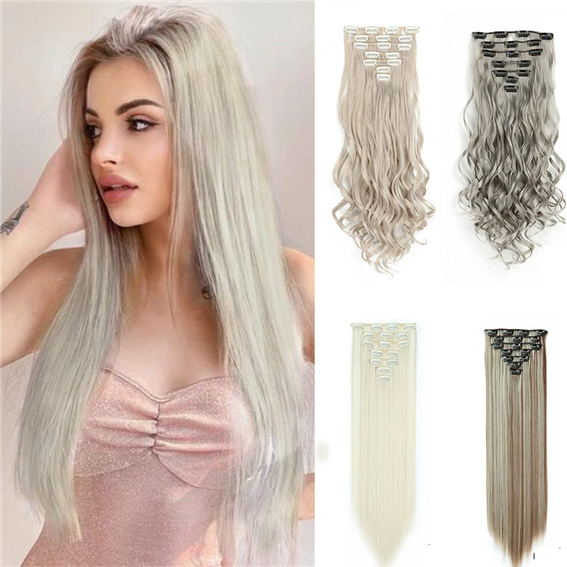 

24Inchs 16 Clips in Hair Extensions for Women Long Straight Hairstyle Ombre Blonde Synthetic Heat Resistant False Hair