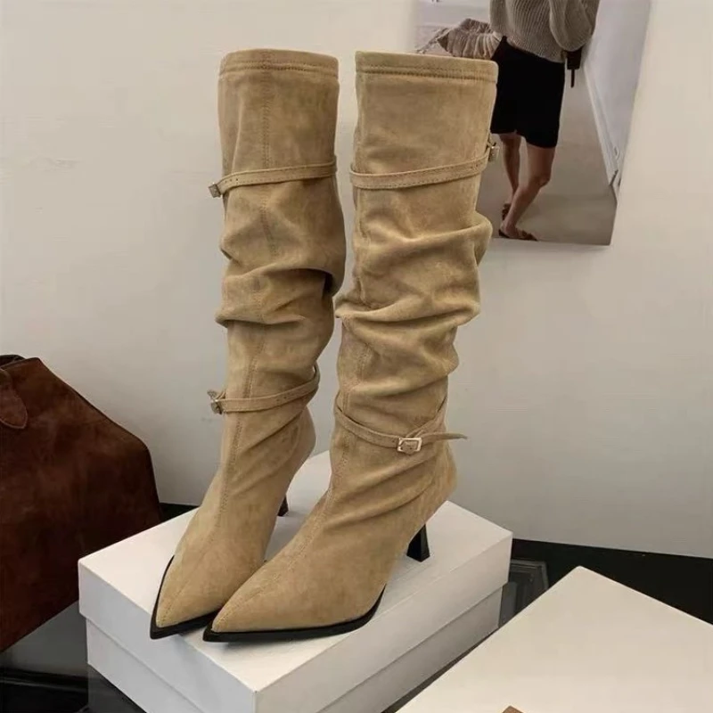 Retro Suede Pointed High-heeled Pleated Pile Boots Women Sexy Style Temperament Belt Buckle Slimming Mid Length Boots for Women