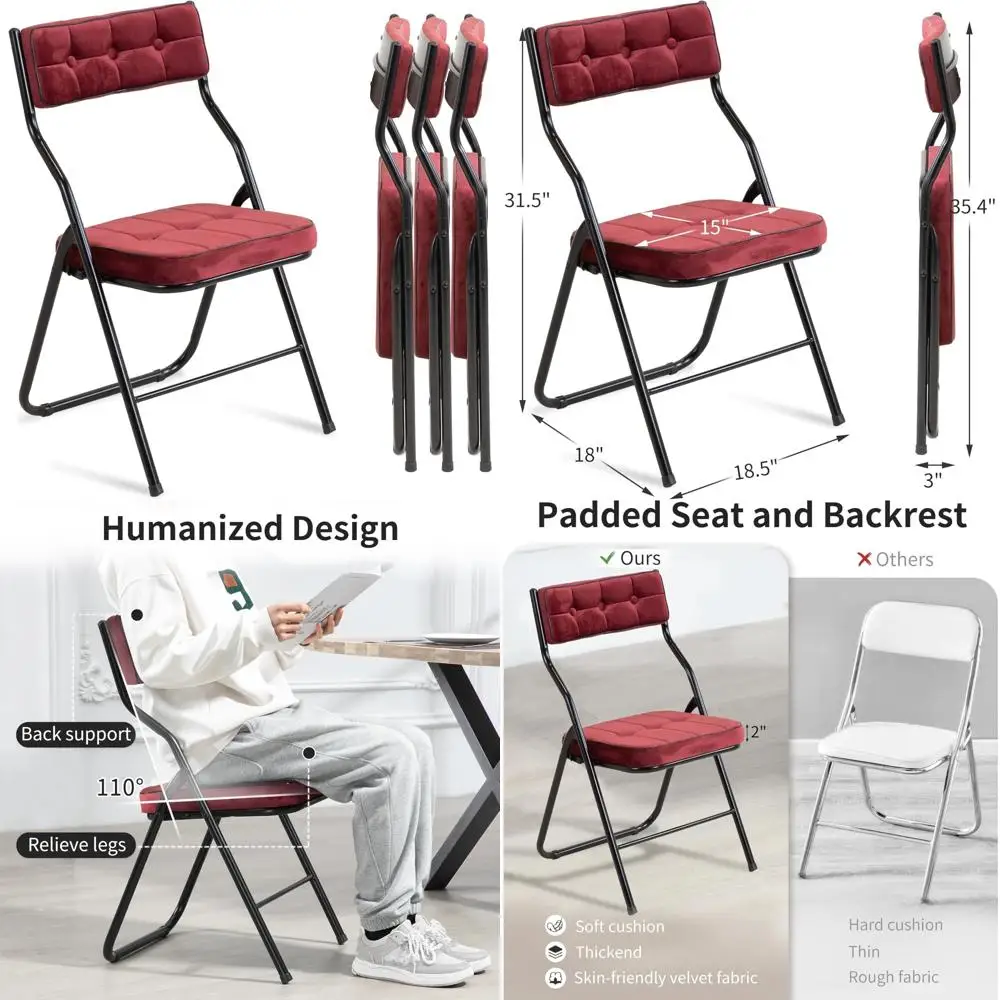 Conjunto de 4 cadeiras de jantar dobráveis e acolchoadas - assentos extras portáteis para cozinha, ideais para convidados e uso em sala de jantar