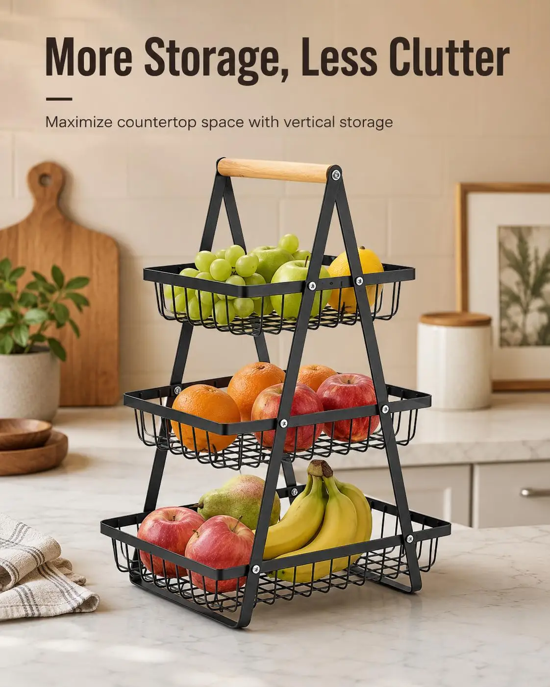 Metal Wire Fruit Racks with Wooden Handle - 2-Tier or 3-Tier Space-Saving Countertop Organizer for Kitchen, Pantry, Vegetables, Bread, Snacks