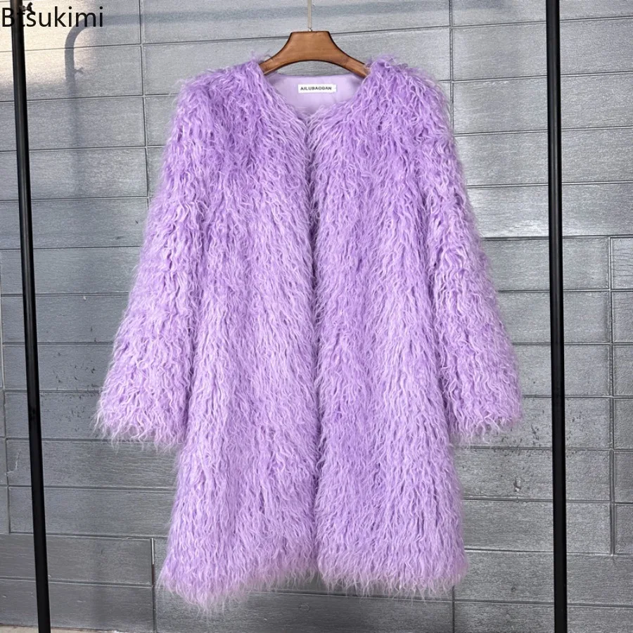 New Colorful Faux Fur Jackets Fahionable Long Mongolian Sheep Fur Plush Winter Coat for Women Streetwear Elegant Loose Outerwear