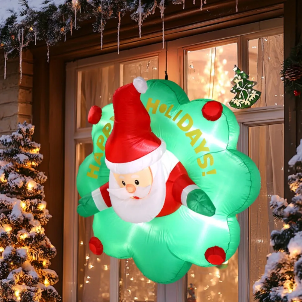 4 FT Lighted Christmas Inflatable Santa with Wreath Broke Out from Window, Large Blow Up Hanging Inflatable Decoration with