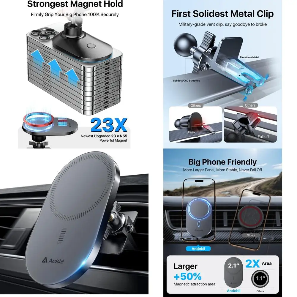 

Магнитное крепление для автомобиля с поворотом на 360 градусов ° Держатель для телефонов с большим экраном, совместимый с iPhone 17/16/15 Pro Max, S25/S24 (серый)