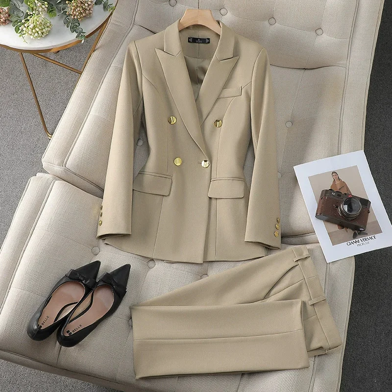 

Spring Women Double Breasted Blazers Pants Two-piece Set 2025 New Fashion Long Sleeve Blazers Chic Office Lady Professional Suit