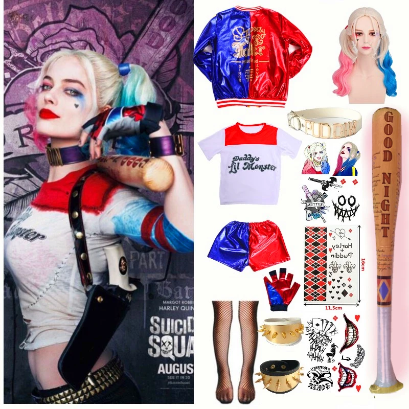 Disfraces de suicidio para niñas, disfraz de Quinn Squad Harley Monster, camiseta, abrigo, chaqueta, accesorios de bate de béisbol, conjunto completo