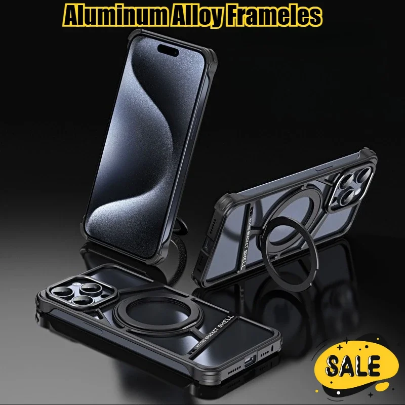 

360°Rotating Bracket Magnetic Aluminum Alloy Frameless Phone Case for Iphone 14 15 16 Pro Max Heat Dissipation Protector Cover