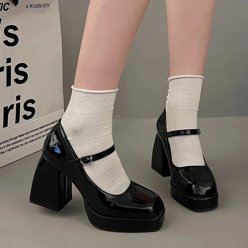 

New Style Popular Women's Mary Janes Office Ladies Solid Elegant Vintage Black Sandals Woman Buckle Non-Slip Casual Medium Heels