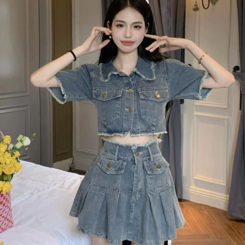 

Sweet Spicy Denim Jacket Pleated Skirt Two-piece Set Women Temperament Tassels Polo Collar Fashion Academy Cool Splice Slim Suit