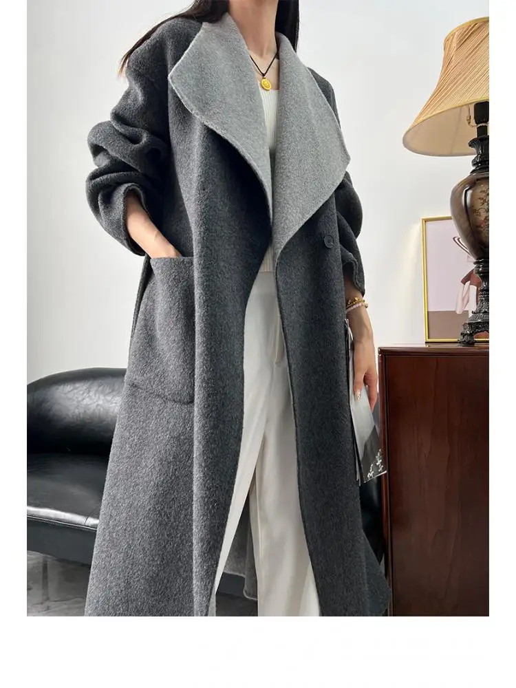 Wear It On Both Sides Lady Woolen Jackets 2024 Autumn And Winter Bathrobe Style Large Lapel Lace Up Tie Women\'s Long Wool Coats