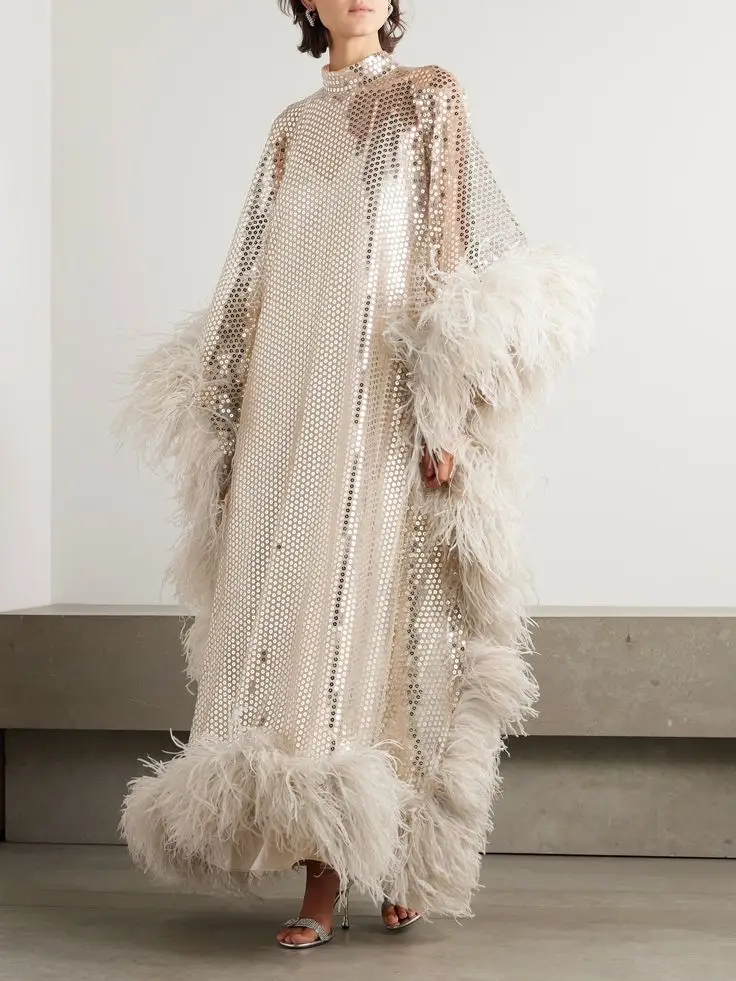 فستان نسائي فاخر مزين بالترتر من الريش لالتقاط الصور بأكمام طويلة ملابس نوم لحفلات الزفاف ثوب مسائي مخصص #2