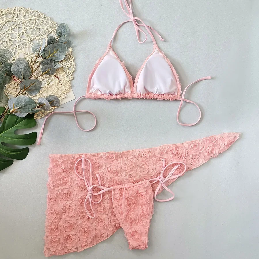 Pink Mesh Flower Thong Micro Bikinis Sets Sexy Swimsuits Cover Up Women Swimwear Bathing Suit Beach Wear String Halter Bikini