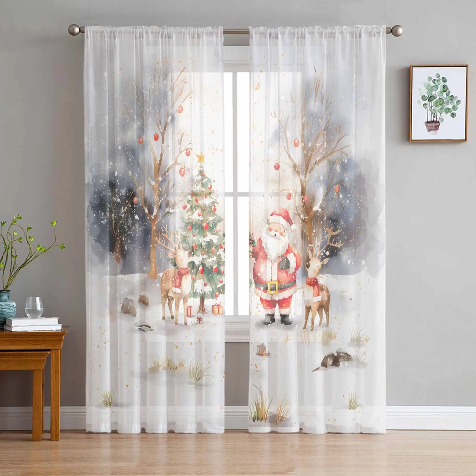 

Christmas Santa Claus Reindeer Snow View Tulle Curtains for Living Room Decoration Modern Chiffon Sheer Voile Christmas Curtains