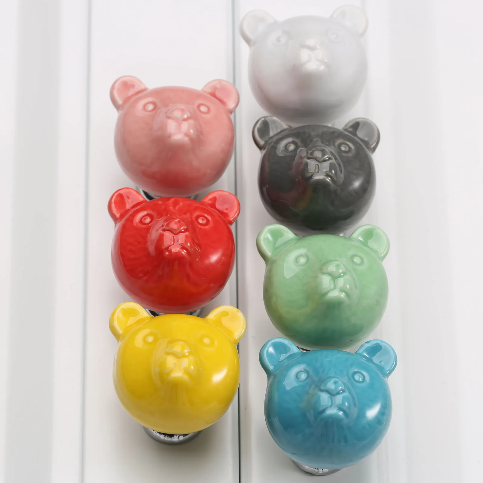 1set Ceramic Bear Knobs Drawer Knobs Colorful Children Deco Dresser Cabinet Pull Blue/Red/Pink/Green/Black/White Cupboard Handle