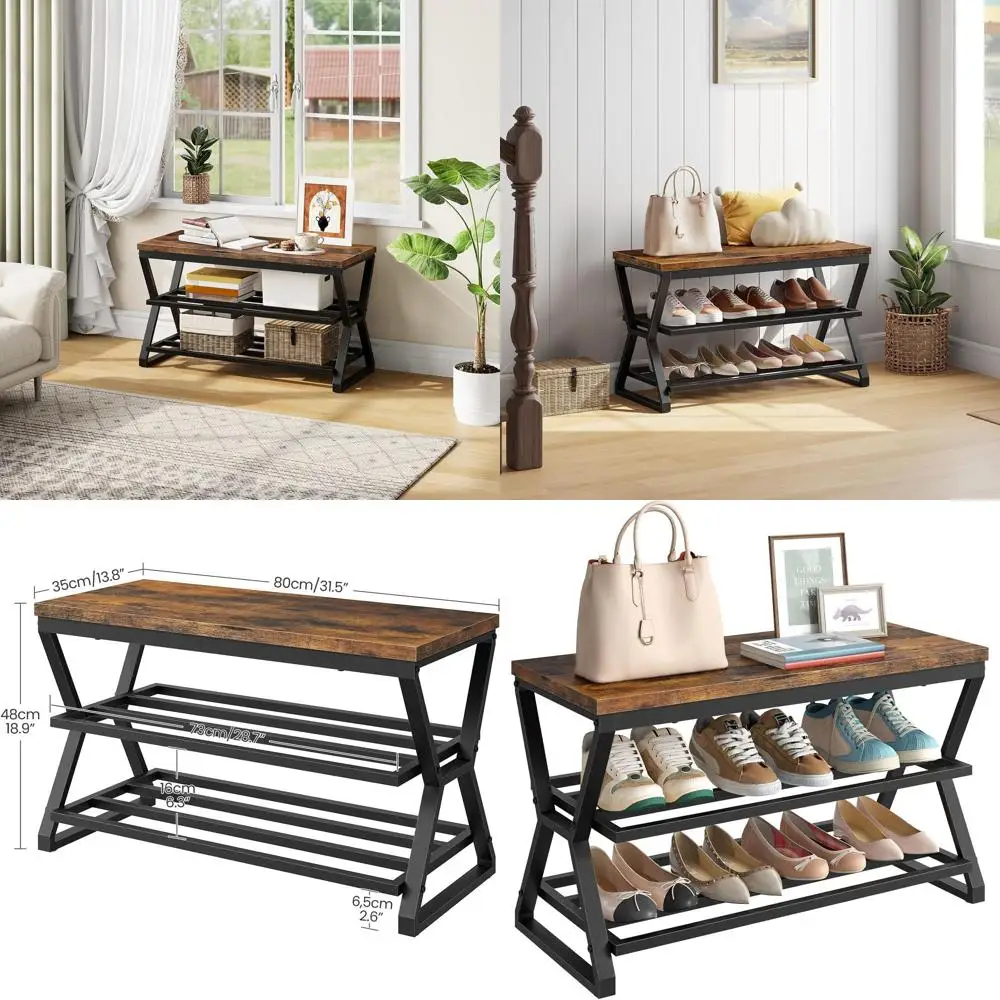 

Трехуровневая деревянная скамья для хранения обуви с X-образной полкой, в деревенском стиле, коричнево-черная, для прихожей, гостиной или спальни