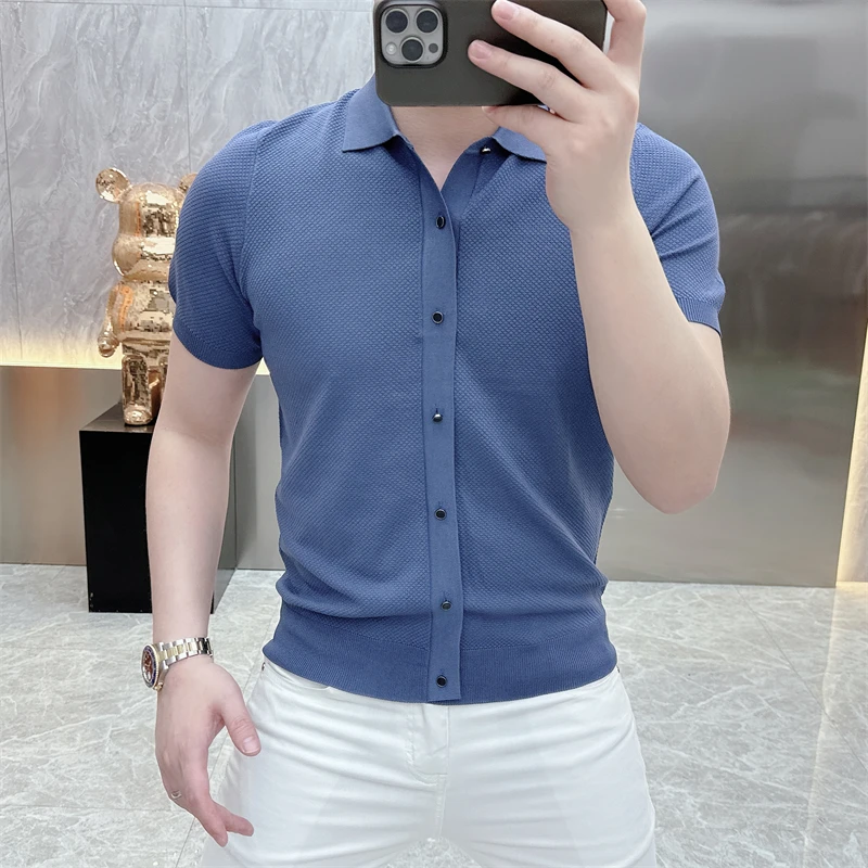 2024 Summer Polo Neck Ice Silk Short Sleeved T-shirt Men\'s Slim Fit Knitted Shirt Casual Business Tshirts Social Streetwear Tee