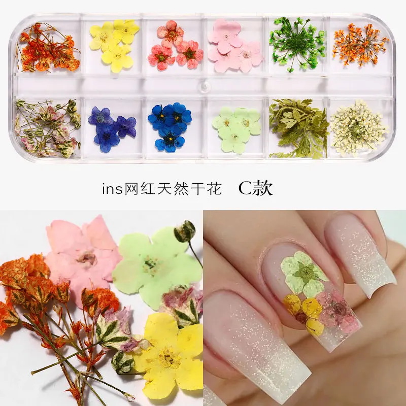 12 Kleur/Doos Nageldecoratie 3d Gedroogde Bloem Natuurlijke Bloemen Gemengde Droge Bloem Diy Sieraden Bedels Uv Gel Polish Nail Art Stickers