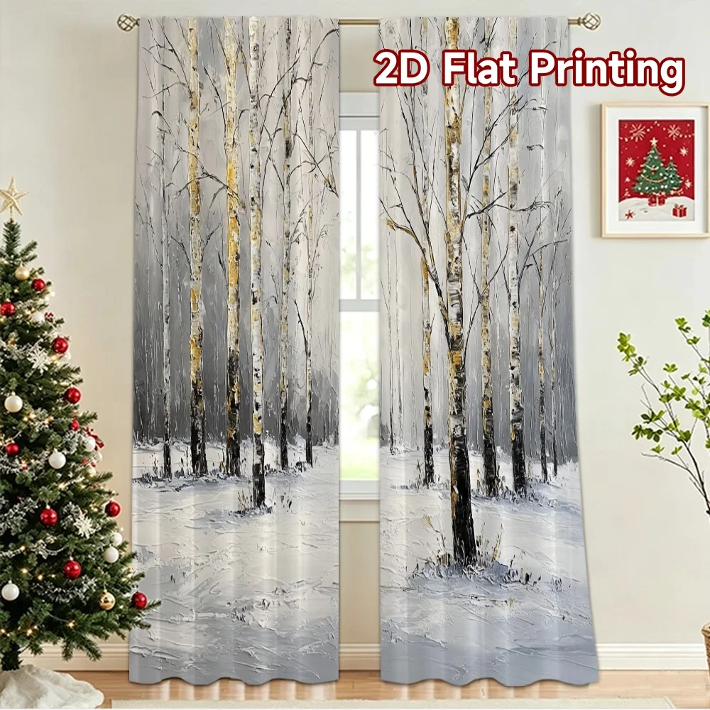 2D flat 2pcs Curtain Vintage drapes and curtains Snowy Birch Trees Digitally printed polyester, colorfast Festive Wall Decor