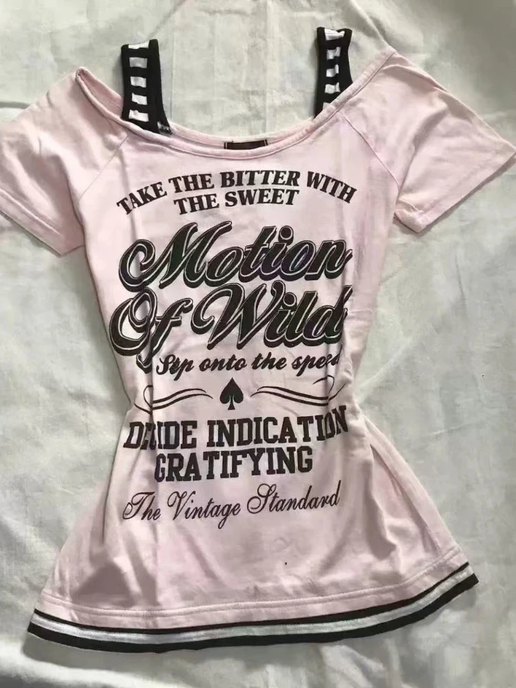 Vintage Crop Tops 2025 Summer Sexy One Shoulder Y2k Aesthetic T-Shirts Streetwear Gray Printing Slim Tshirts Harajuku Bottoming