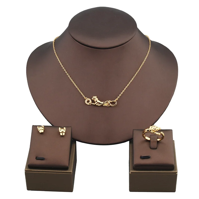 Designer Collection Style Ring Earrings Necklace Black Spots Green Eyes Leopard Panther Dinner Party Jewelry Sets