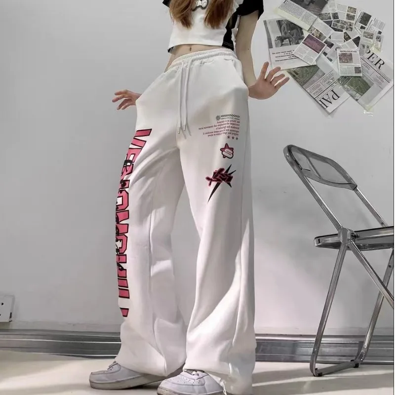 Hip-Hop-Streetwear-Hose für Damen mit USA-Herz-Buchstaben-Print, sommerliches, trendiges Design, Vintage-Stil, hohe Taille, weites Bein, lässige Hose zum Tanzen – Detail 9