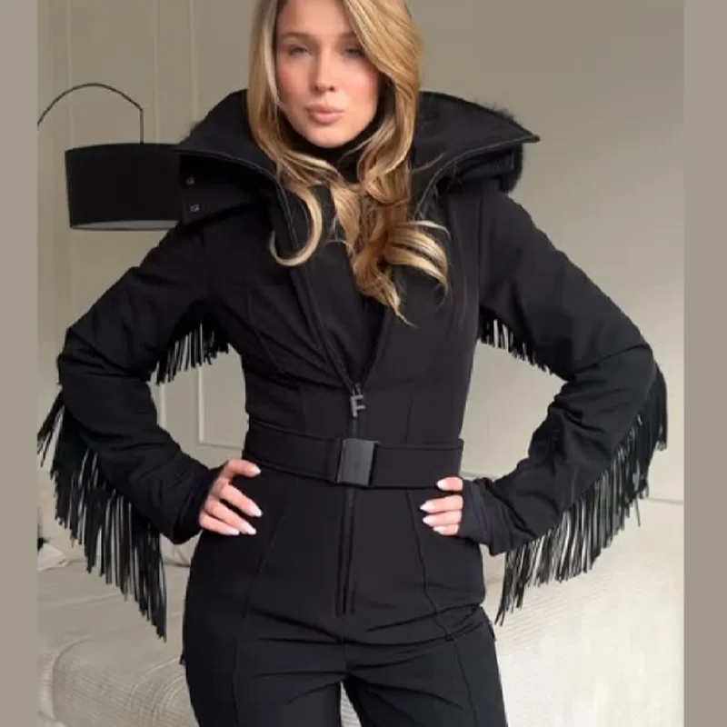 

2025 Women's Autumn Winter Warm Snowsuit Sleeves With Tassel Decorative Chic Thick Jacket New Lady Fashion High Street Clothes