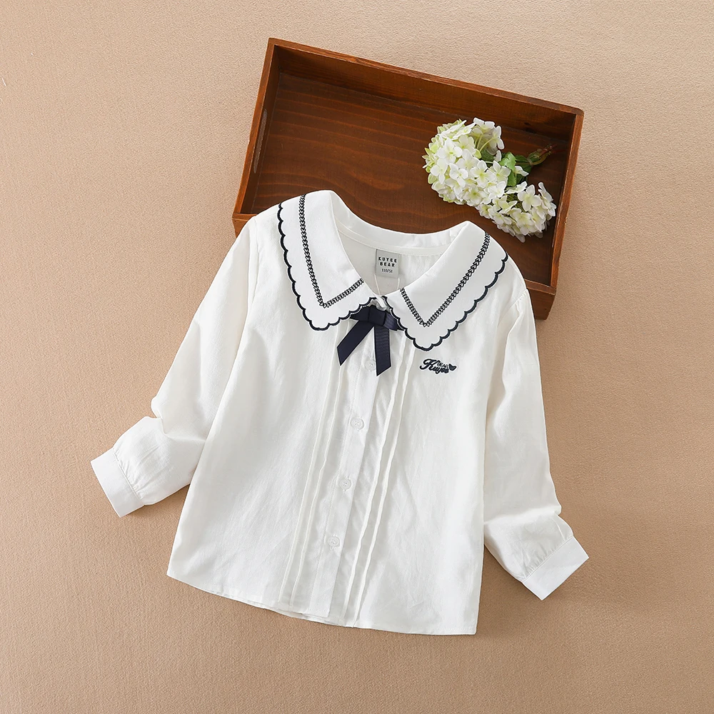 

Белая рубашка для девочек, детская весенне-осенняя корейская мода, детская Милая футболка с длинным рукавом и бантом, хлопковый Повседневный Топ, одежда