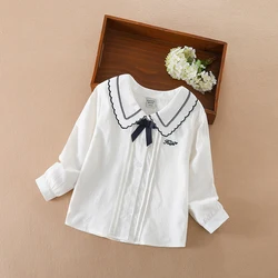 Girls White Shirt for Kids Spring Autumn Korean Fashion Children Long-Sleeved Cute Bow T-Shirt Cotton Casual Top Clothes