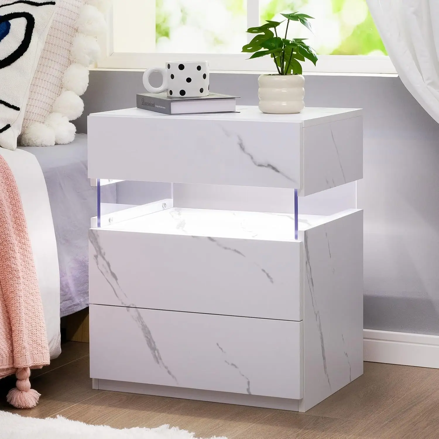 

Nightstand with LED Lights LED Bedside Tables LED Nightstand for Bedroom Modern Night Stand with 3 Drawers